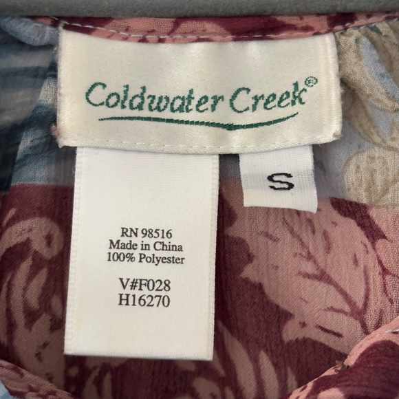 Coldwater Creek Women's SZ S Maroon Blue Cream Blouse Front 1/2 Button w/ Tie - Picture 13 of 13
